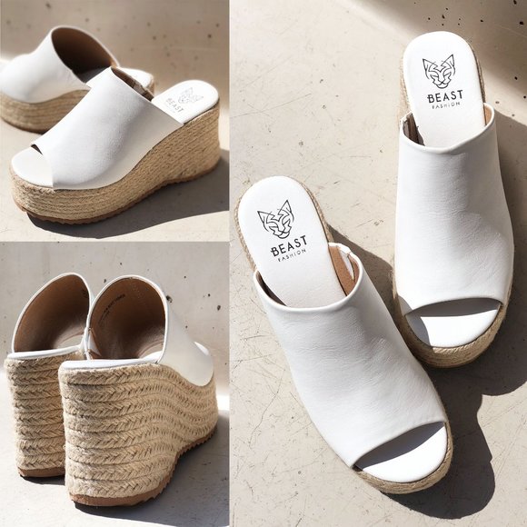NEW White Smooth Faux Leather Espadrilles Chunky Platform Wedge Slides Sandals - Picture 10 of 13